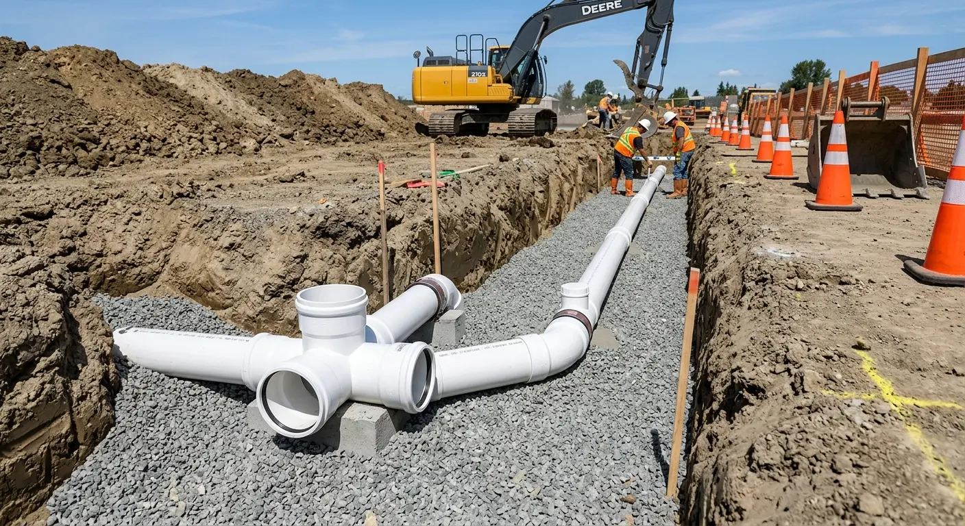 New PVC sewer pipe installation in open trench for Commercial Drain Cleaning in Dundalk